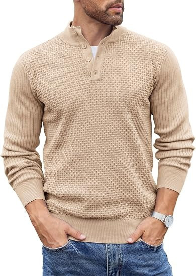 Mens Long Sleeve Henley Sweater, 4 Button Mock Neck Waffle Knit Pullover, Slim Fit Fall Winter Business Casual