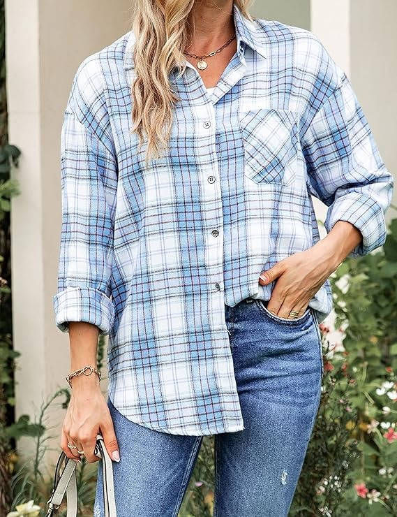 Oversized Flannel Shirt for Women, Long Sleeve Plaid Button Down Buffalo Shirt Blouse Top with One Pocket