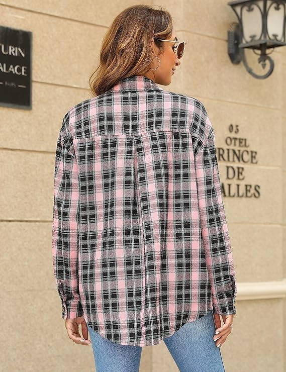 Oversized Flannel Shirt for Women, Long Sleeve Plaid Button Down Buffalo Shirt Blouse Top with One Pocket