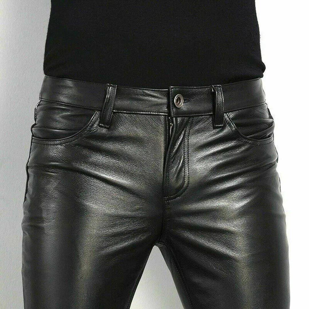 Mens Slim Fit Faux Leather Pants with Spandex Stretch and Ankle Length