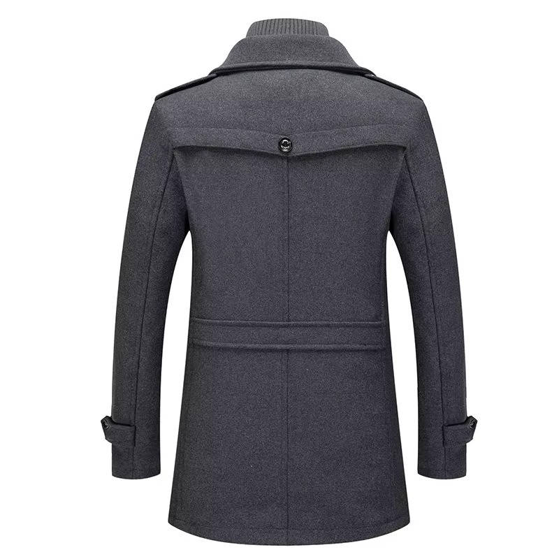 Men's Tweed Wool Coat, Korean Style Business Jacket, Double Neck, Front Zipper & Button Detail