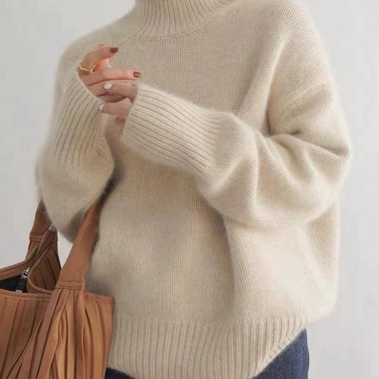 Womens Turtleneck Sweater with Stretch Knit and Natural Fibers, Loose Fit