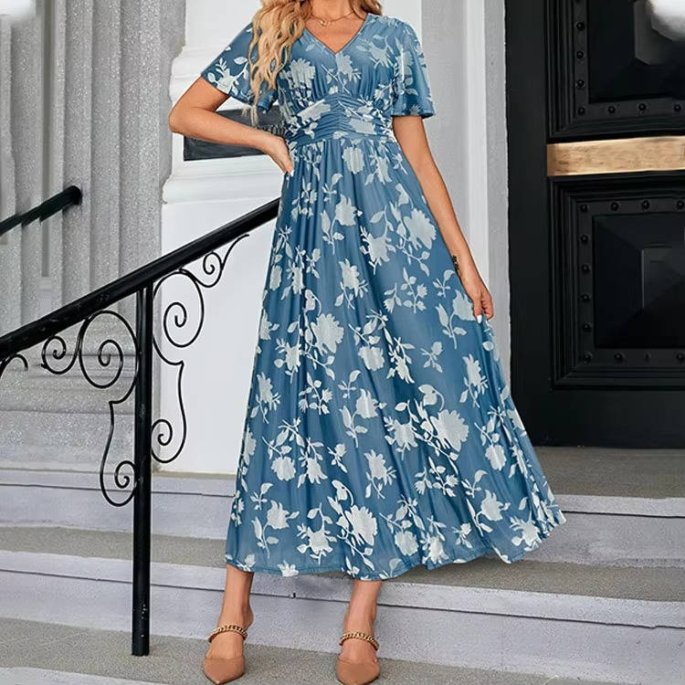 Womens Velvet Maxi Dress, V Neck Short Sleeve Empire Waist Long Formal Dress for Wedding Guests and Special Events