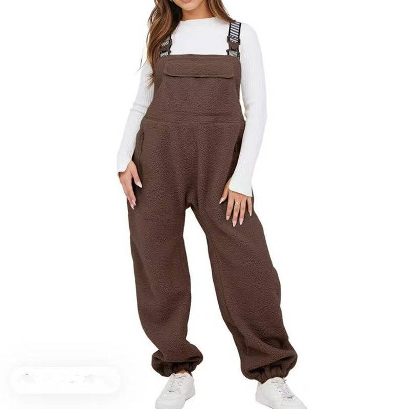 Womens Sherpa Overalls, Fleece Bib Pants, Loose Fit Thermal Jumpsuit with Adjustable Straps and Pockets