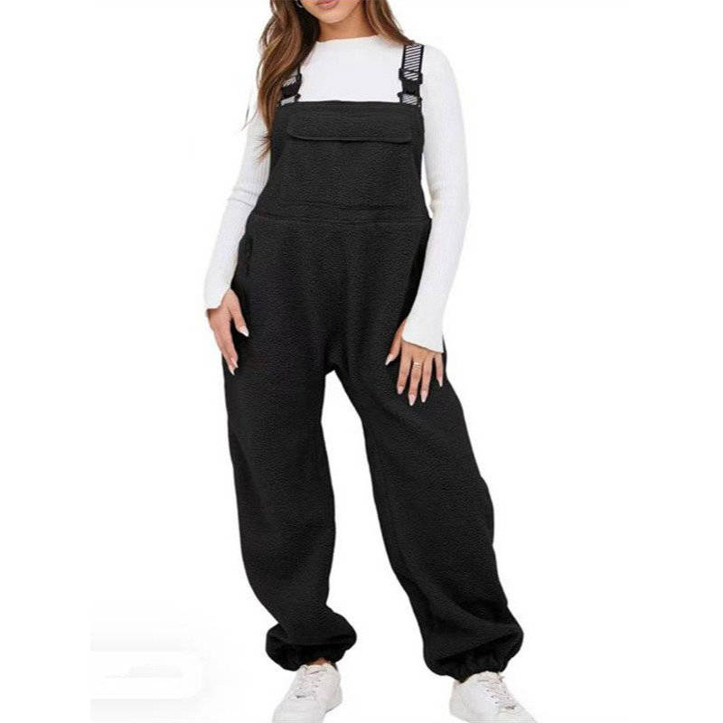 Womens Sherpa Overalls, Fleece Bib Pants, Loose Fit Thermal Jumpsuit with Adjustable Straps and Pockets