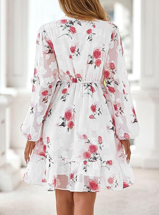 Women's Fall Boho Dresses, 2026 Floral Long Sleeve V Neck Mini Flowy Wedding Guest Dress, Trendy Vacation Outfit