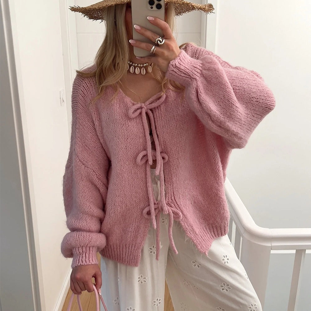 Womens Tie Front Bow Cardigan Sweater, Cozy Chunky Knit Long Puff Sleeve Open Front Sweater Jacket