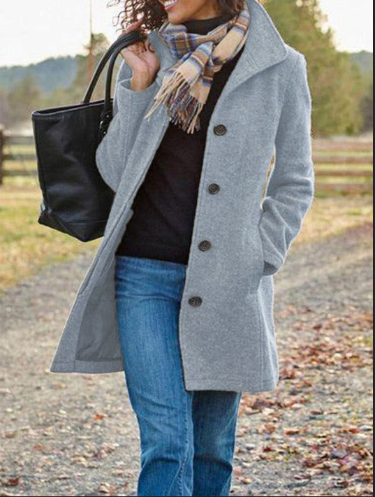 Women's Wool Blend Pea Coat, Button Front, Long Sleeve Winter Jacket