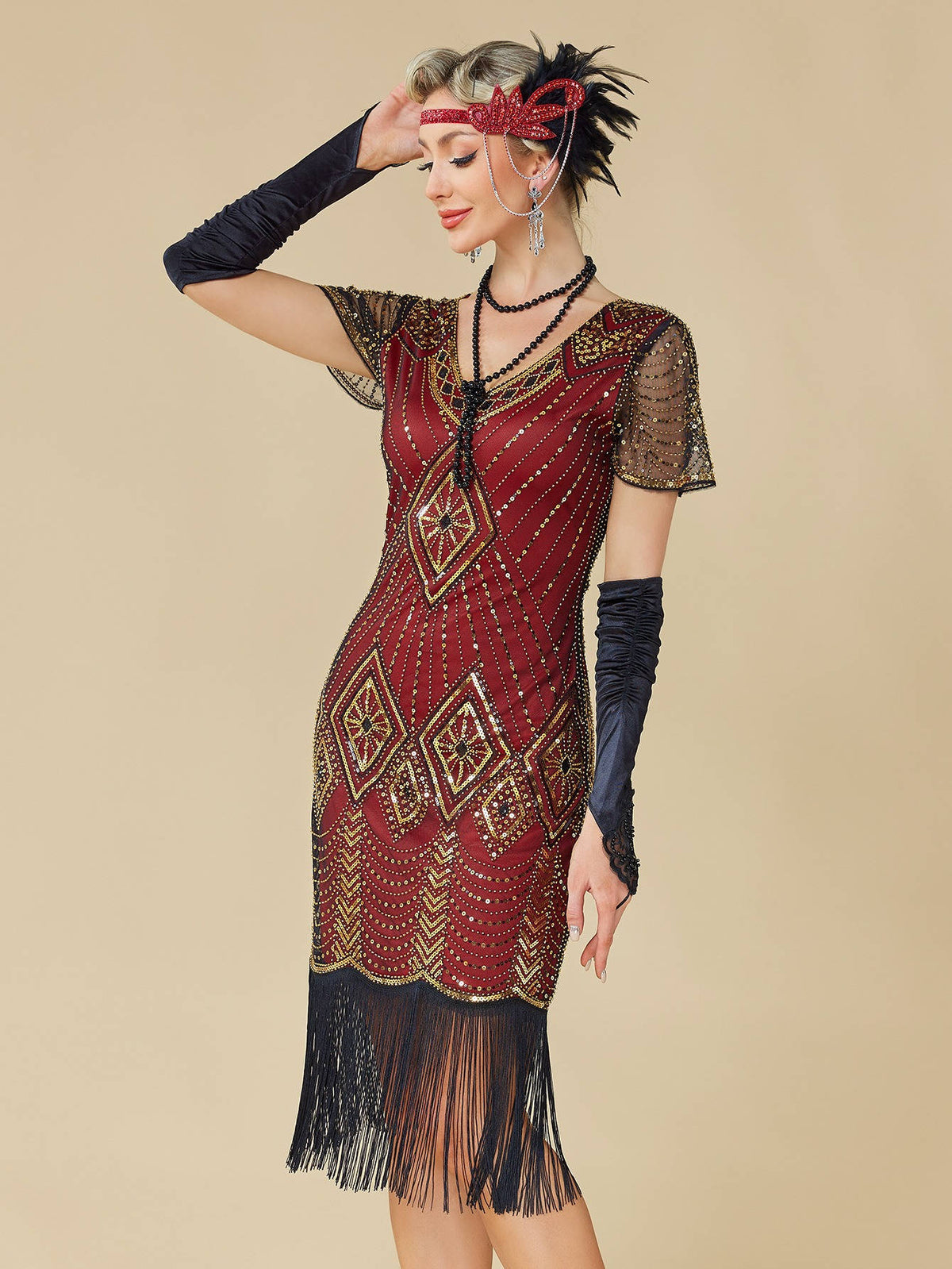 Womens Flapper 1920s Dress, Great Gatsby Roaring 20s Costume, Beaded Sheer Sleeves with Accessories