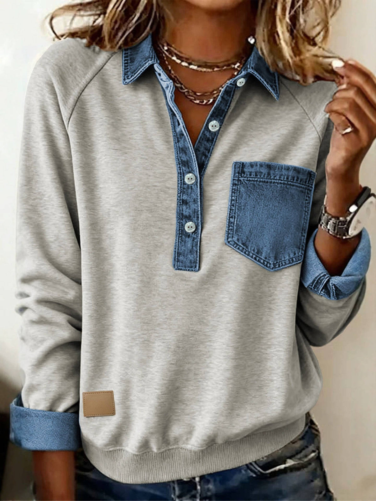 Womens Denim Collar Sweatshirt, Patchwork Half Button Pullover with Chest Pocket, Long Sleeve Loose Fit Casual Top for Fall