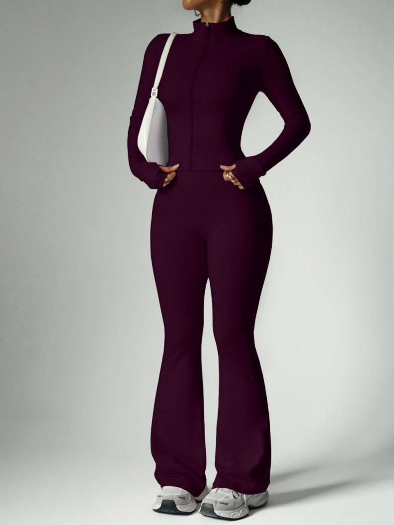 2 Piece Womens Activewear Set, Full Zip Stand Collar Jacket with Thumbholes and High Waisted Flared Pants for Yoga Gym Running