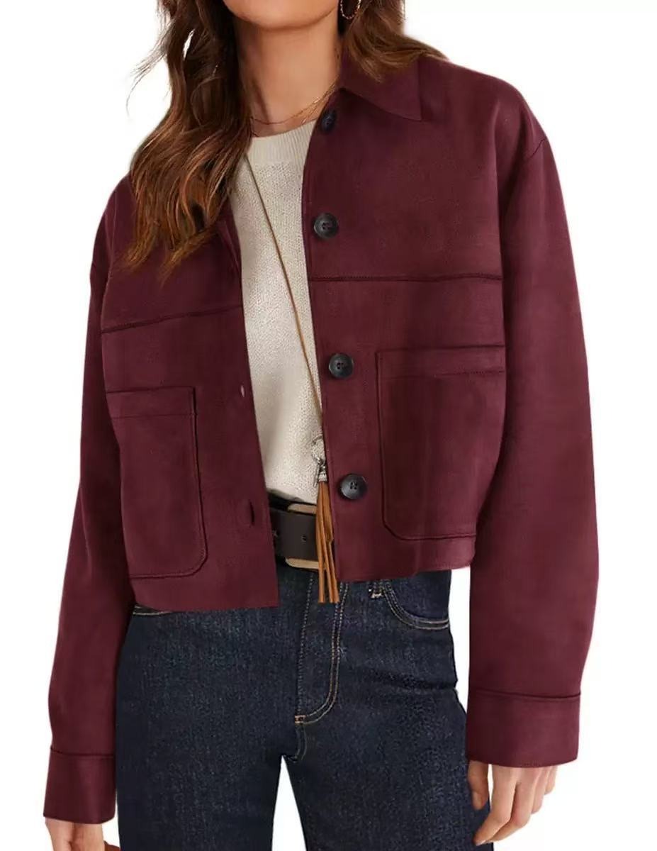 Womens Faux Suede Cropped Jacket, Lightweight Button Down Collared Shacket with Patch Pockets