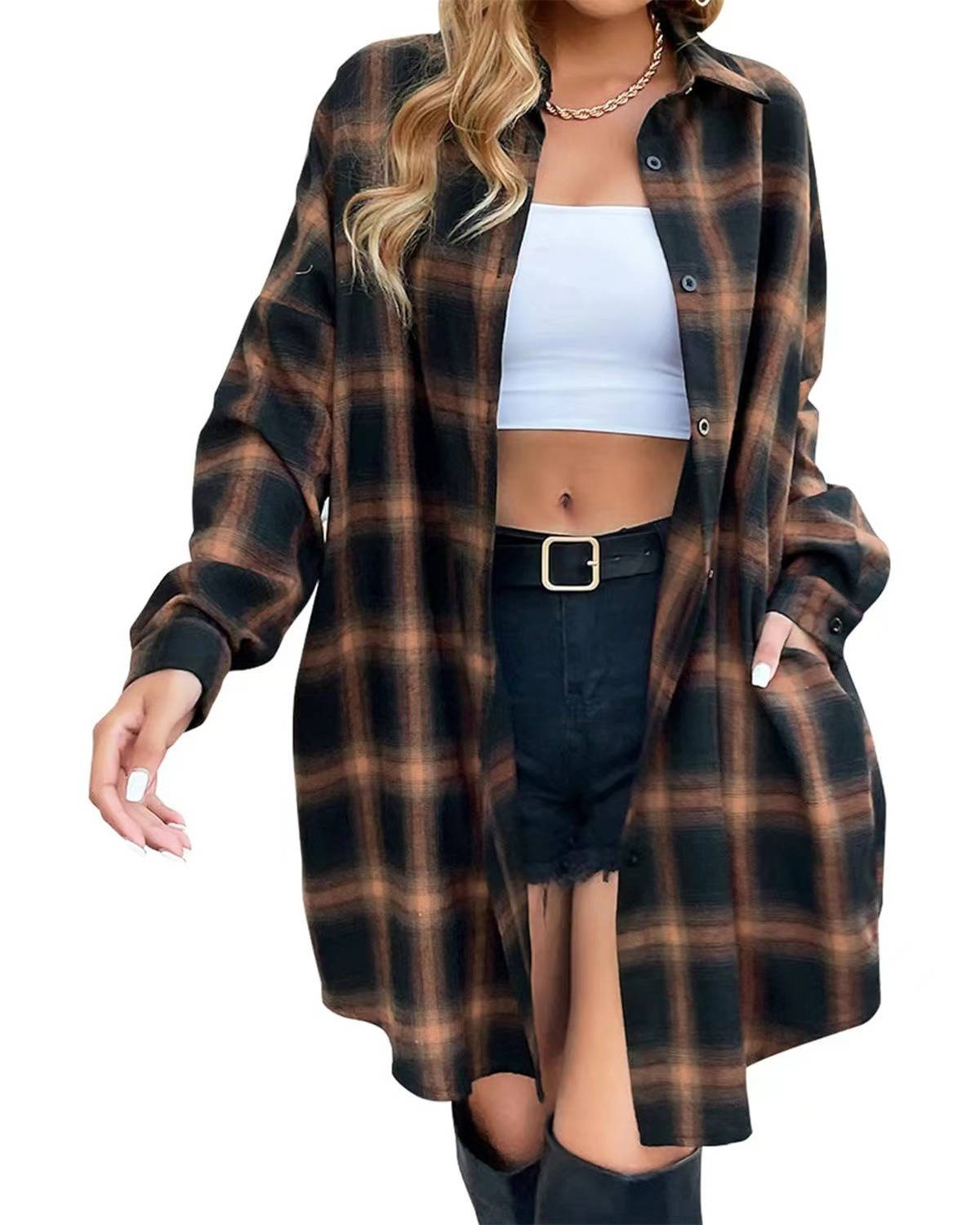 Womens Flannel Dress, Long Sleeve Button Down Shirt, Casual Fall Jacket Top