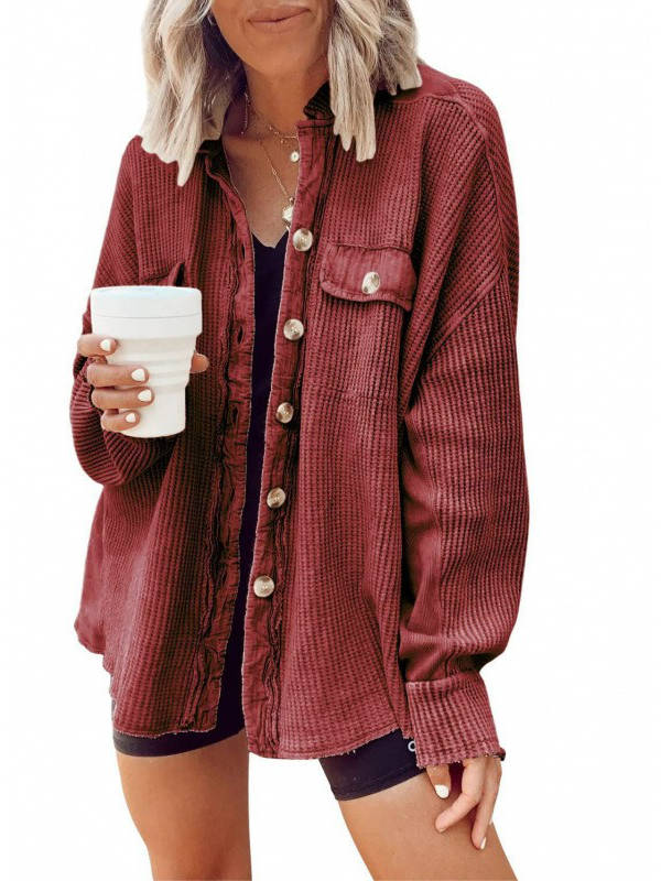 Oversized Waffle Knit Shirt Women Fall Shacket, Corduroy Long Sleeve Button Down Shirt Jacket