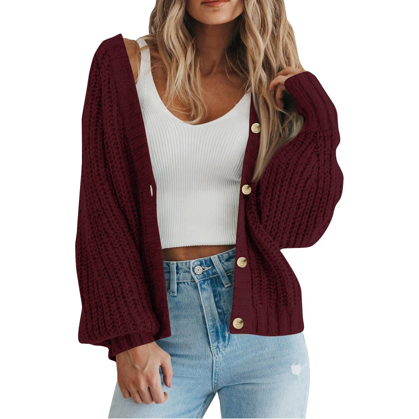 Women's Chunky Knit Open Front Sweater, Long Sleeve Button Loose Short Cardigan Outerwear Coat