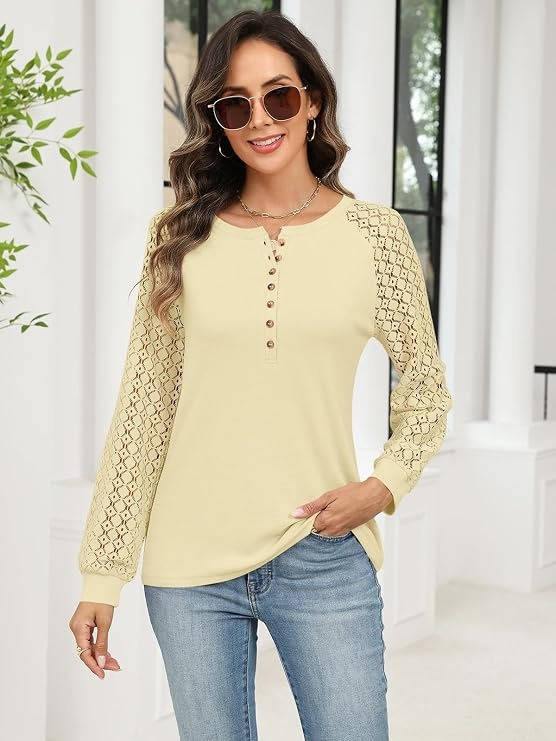 Women's Lace Long Sleeve Tops, Henley Shirts, Casual Blouses, T-Shirts, Fall Clothes