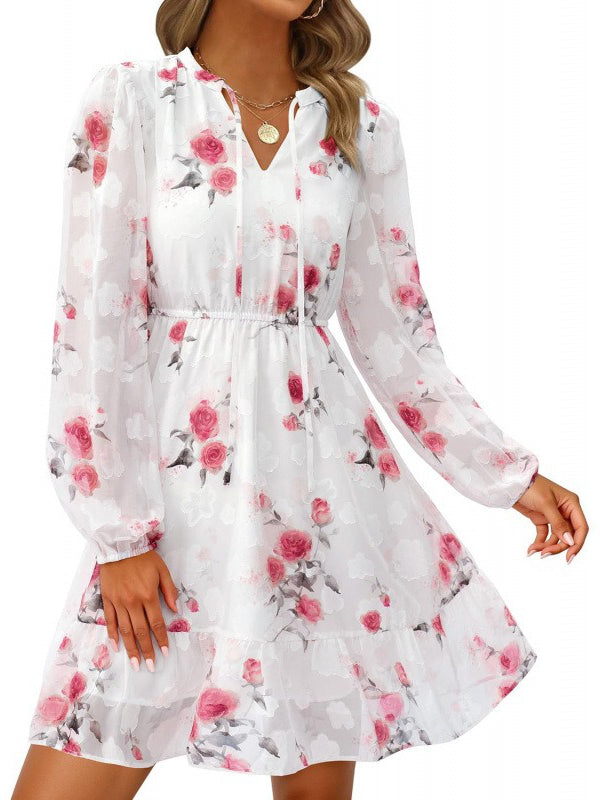 Women's Fall Boho Dresses, 2026 Floral Long Sleeve V Neck Mini Flowy Wedding Guest Dress, Trendy Vacation Outfit
