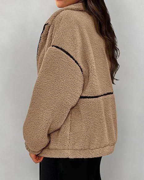 Womens Fleece Zip Up Jacket, Oversized Color Block Teddy Coat with Pockets, Warm Fall Winter Outerwear