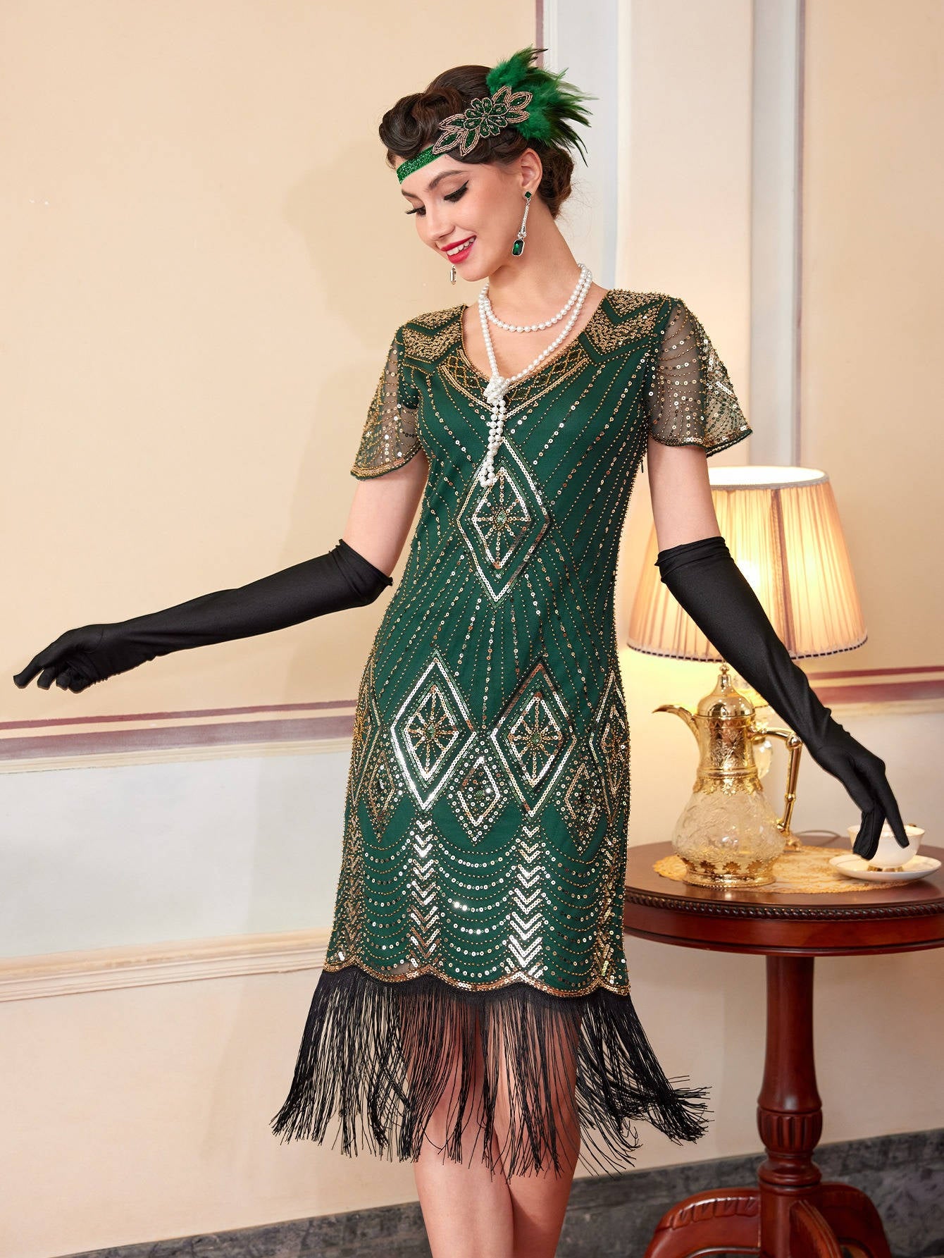 Womens Flapper 1920s Dress, Great Gatsby Roaring 20s Costume, Beaded Sheer Sleeves with Accessories