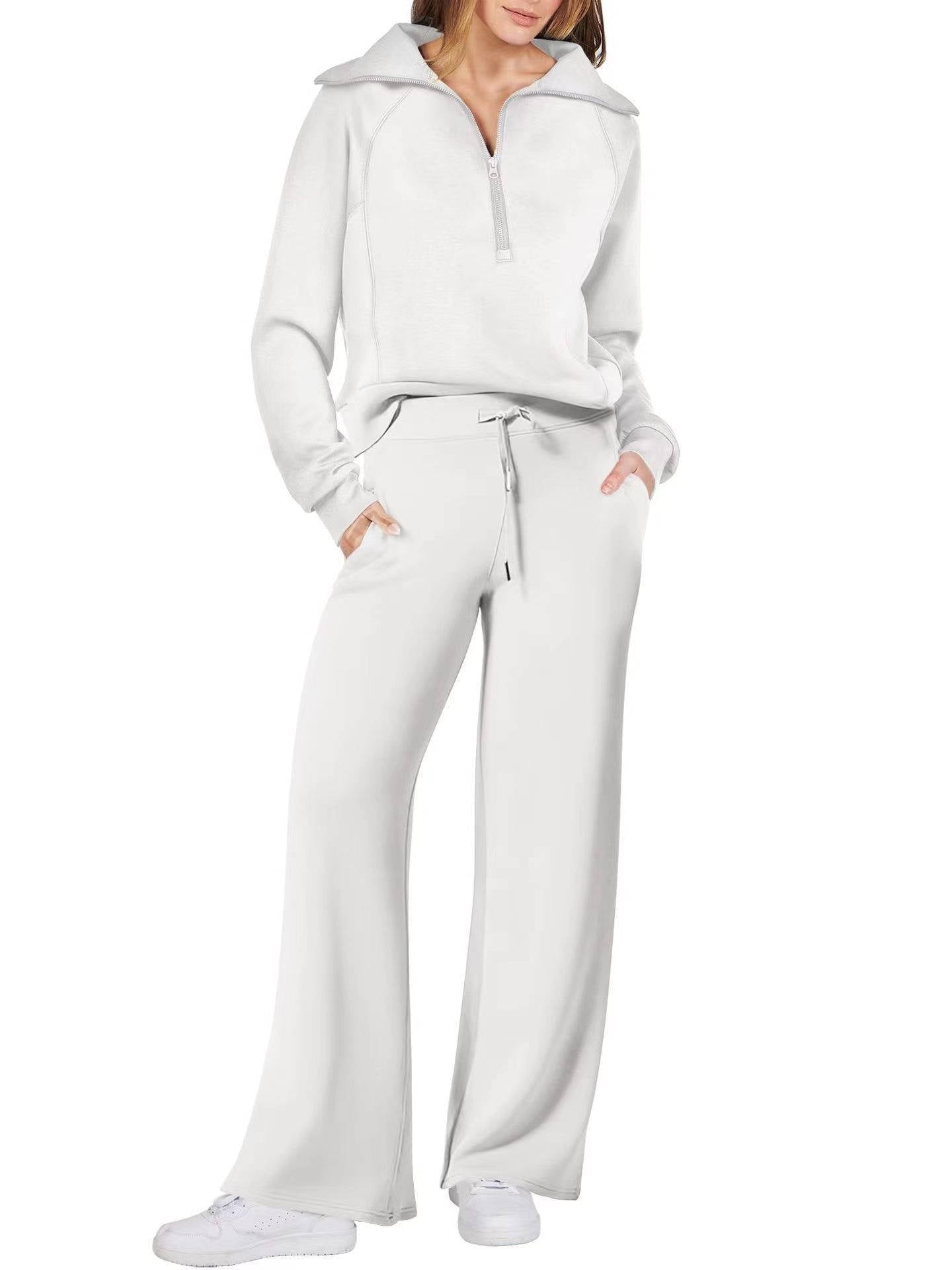 Women's 2 Piece Outfits, Casual Lapel Half Zip Sweatshirt and Wide Leg Pants Tracksuit Set