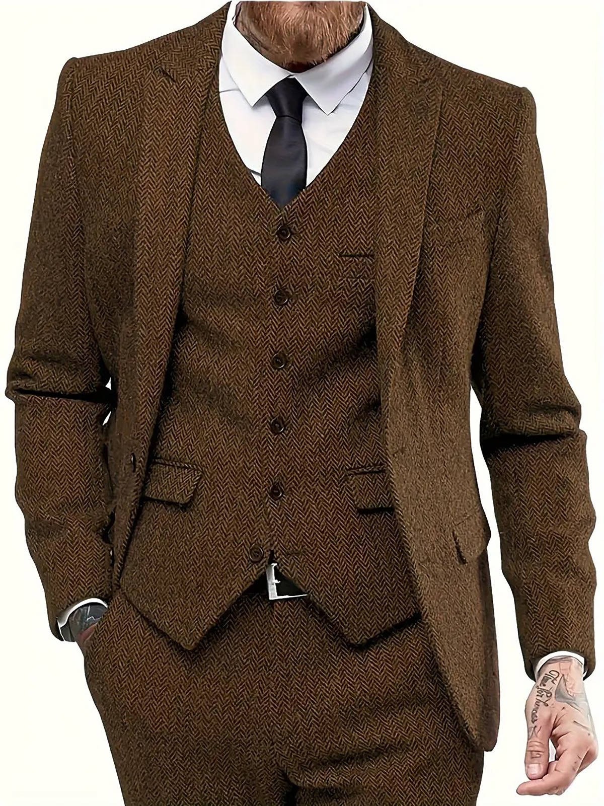 Men's 3 Piece Tweed Suit, Herringbone Blazer, Vest & Pants, Formal Business & Groom Outfit