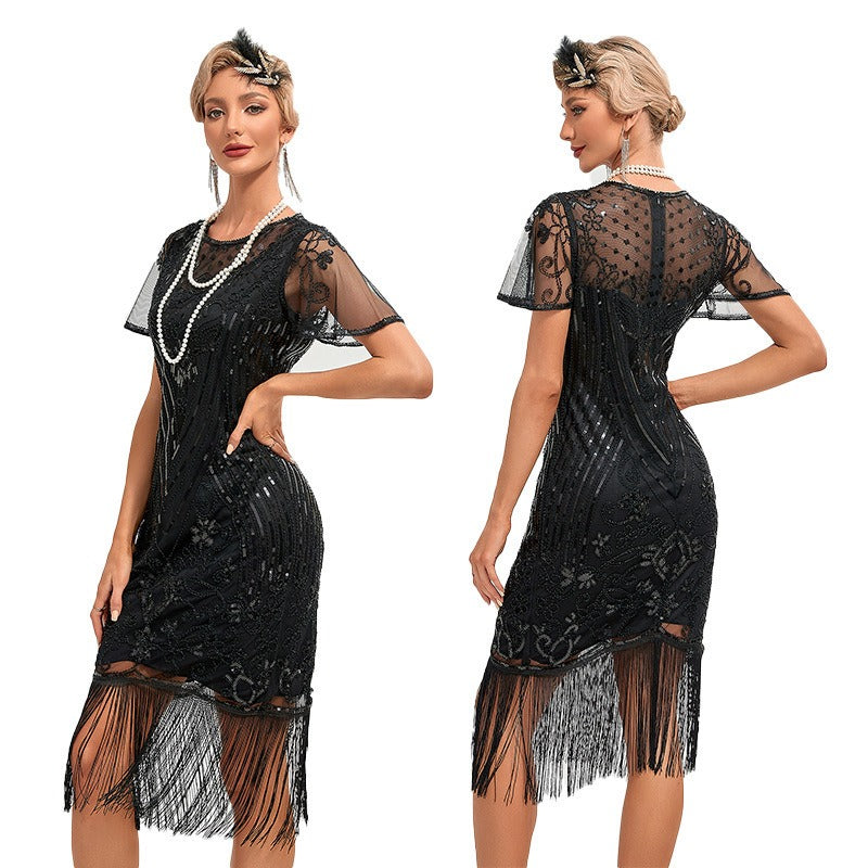 Womens Flapper Dress, 1920s Dress, Great Gatsby Lace Neck, Roaring 20s Costume with Sleeves
