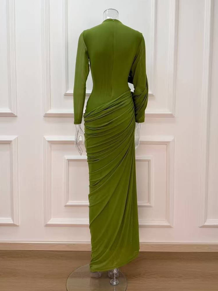 Womens High Neck Maxi Dress, Long Sleeve Draped Wedding Guest Dress, Elegant Formal Evening Dress