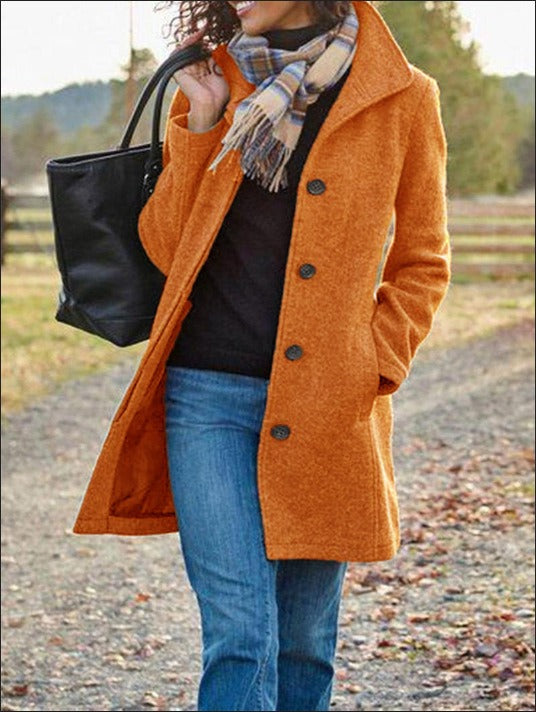 Women's Wool Blend Pea Coat, Button Front, Long Sleeve Winter Jacket