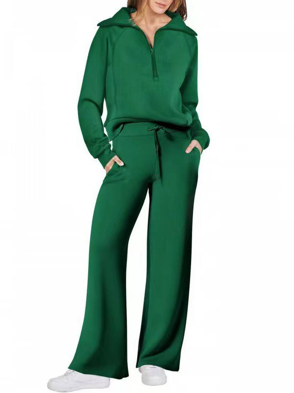 Women's 2 Piece Outfits, Casual Lapel Half Zip Sweatshirt and Wide Leg Pants Tracksuit Set