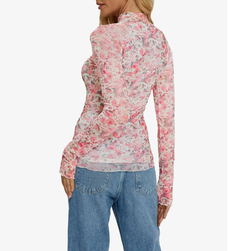 Women's Lace Sheer Floral Mesh Tops, Slim Fitted Lightweight Going Out Top, Fashion Fall Outfits with Thumb Holes