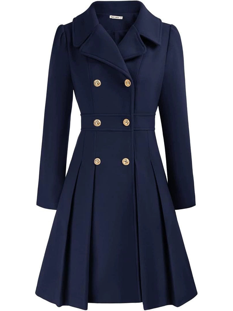 Womens Double Breasted Trench Coat, Thick A Line Peacoat, Notch Lapel with Pockets