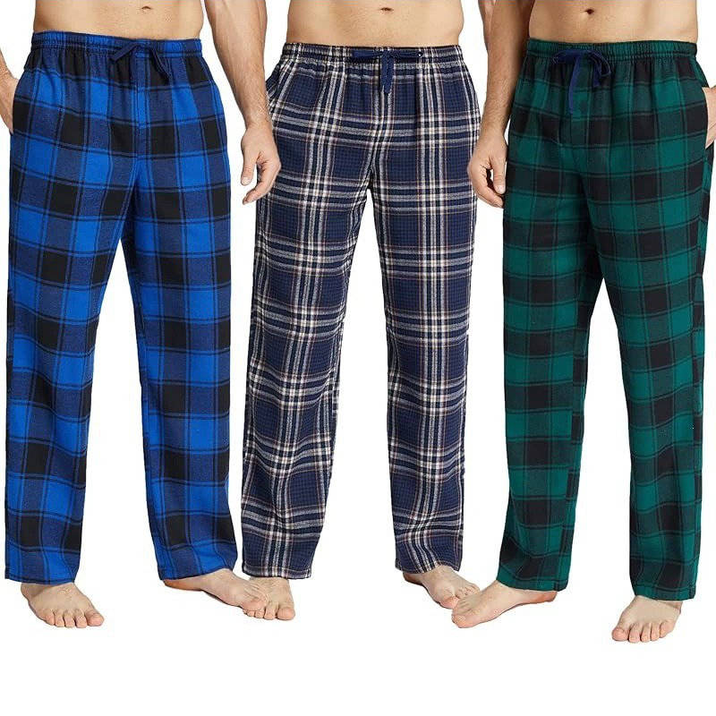 3 Pack Men's Pajama Pants, Lightweight Cotton Plaid Lounge Pants, Pockets and Button Fly