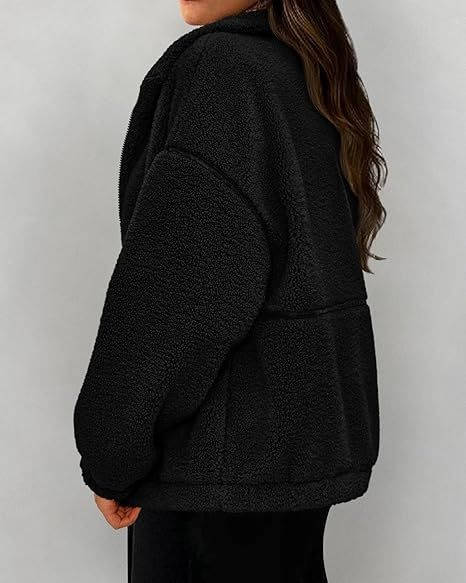 Womens Fleece Zip Up Jacket, Oversized Color Block Teddy Coat with Pockets, Warm Fall Winter Outerwear