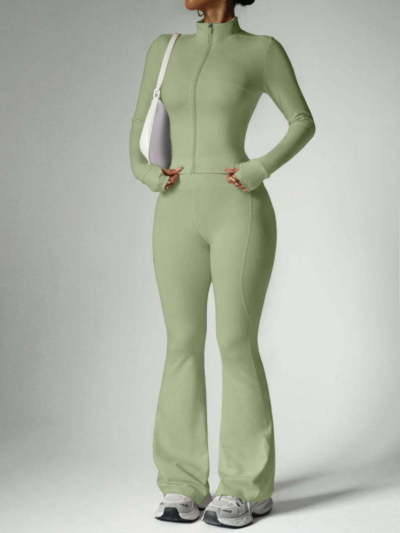 2 Piece Womens Activewear Set, Full Zip Stand Collar Jacket with Thumbholes and High Waisted Flared Pants for Yoga Gym Running