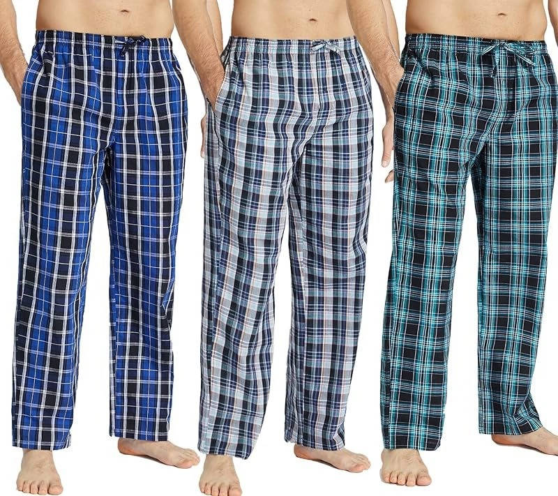 3 Pack Men's Pajama Pants, Lightweight Cotton Plaid Lounge Pants, Pockets and Button Fly