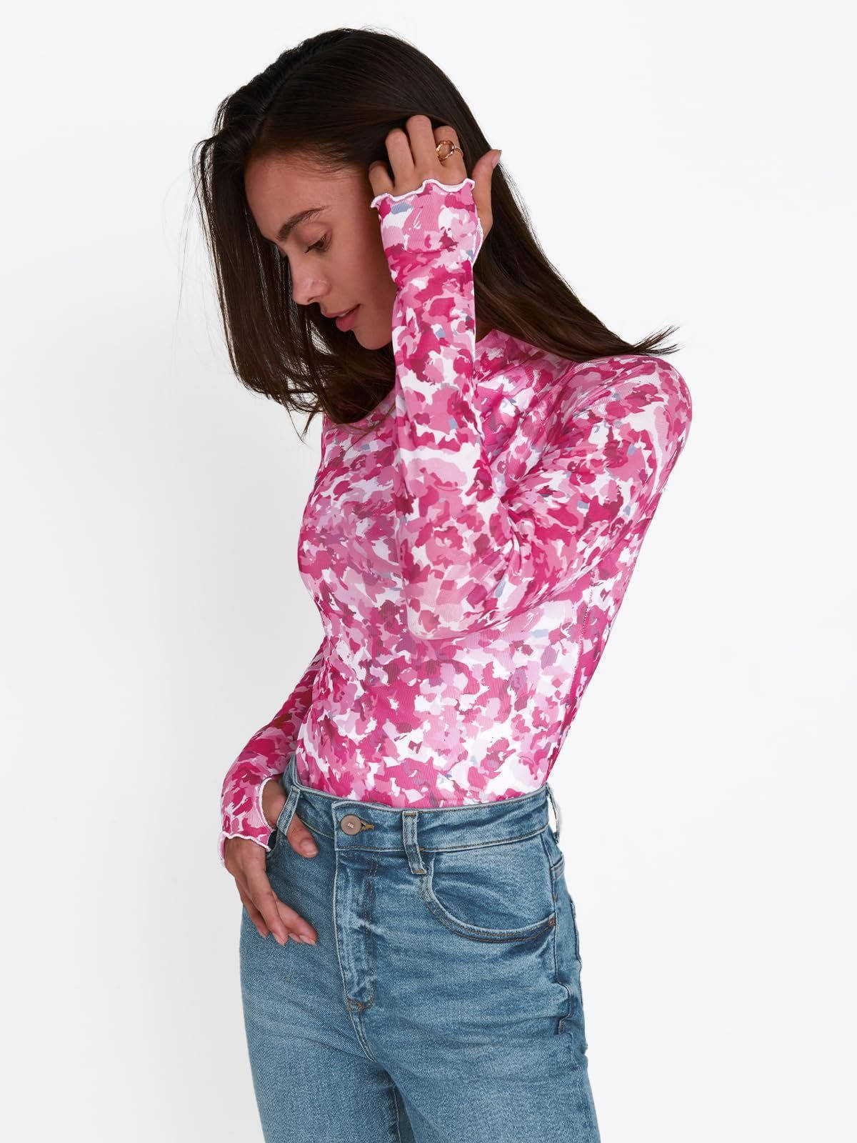 Women's Lace Sheer Floral Mesh Tops, Slim Fitted Lightweight Going Out Top, Fashion Fall Outfits with Thumb Holes