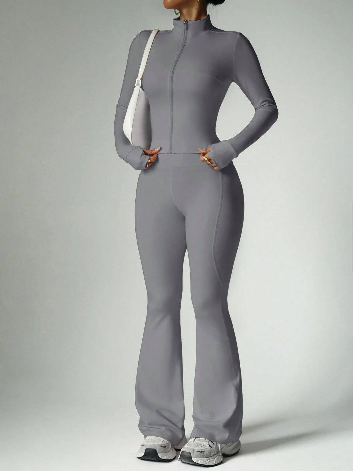 2 Piece Womens Activewear Set, Full Zip Stand Collar Jacket with Thumbholes and High Waisted Flared Pants for Yoga Gym Running