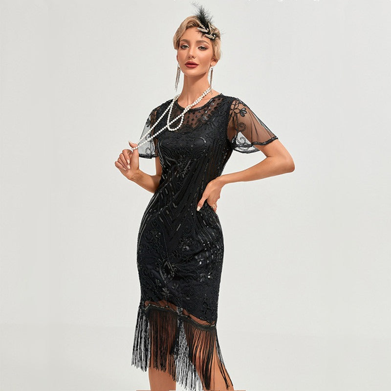 Womens Flapper Dress, 1920s Dress, Great Gatsby Lace Neck, Roaring 20s Costume with Sleeves