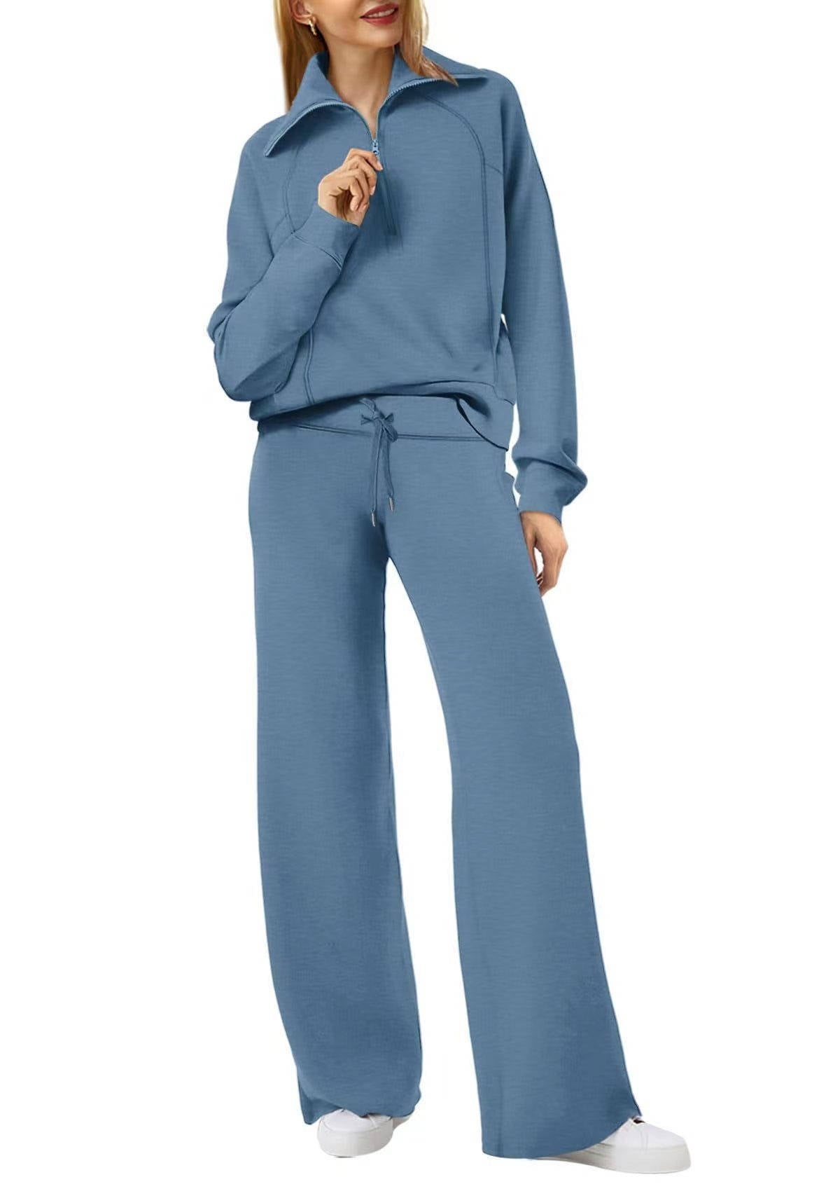 Women's 2 Piece Outfits, Casual Lapel Half Zip Sweatshirt and Wide Leg Pants Tracksuit Set