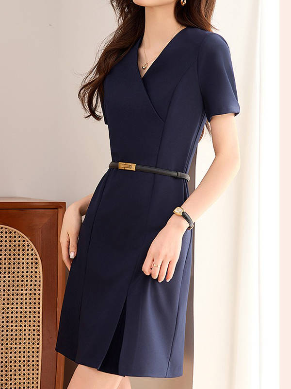 Women's A Line Work Dress, Short Sleeve V Neck Sheath Dress, Professional Business Casual Career Outfit