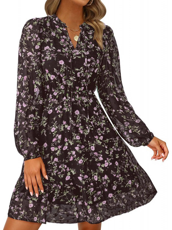 Women's Fall Boho Dresses, 2026 Floral Long Sleeve V Neck Mini Flowy Wedding Guest Dress, Trendy Vacation Outfit