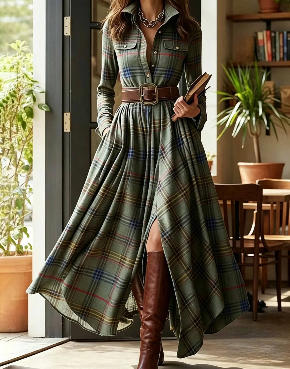 Women's Shirt Dress, Classic Button Up, Belted Waist, Elegant Casual Dress