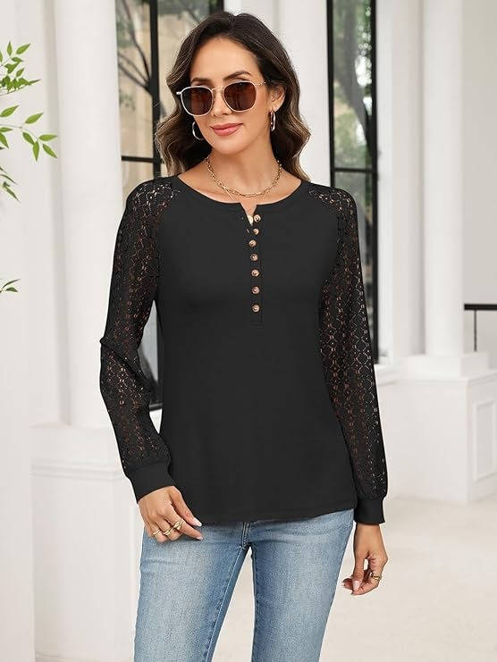 Women's Lace Long Sleeve Tops, Henley Shirts, Casual Blouses, T-Shirts, Fall Clothes