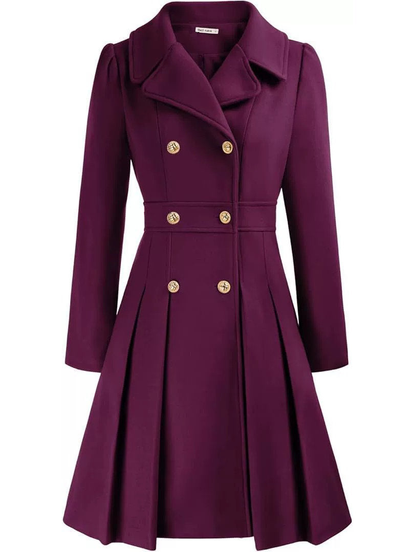Womens Double Breasted Trench Coat, Thick A Line Peacoat, Notch Lapel with Pockets