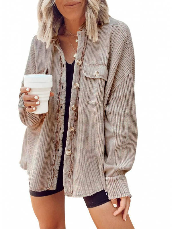 Oversized Waffle Knit Shirt Women Fall Shacket, Corduroy Long Sleeve Button Down Shirt Jacket