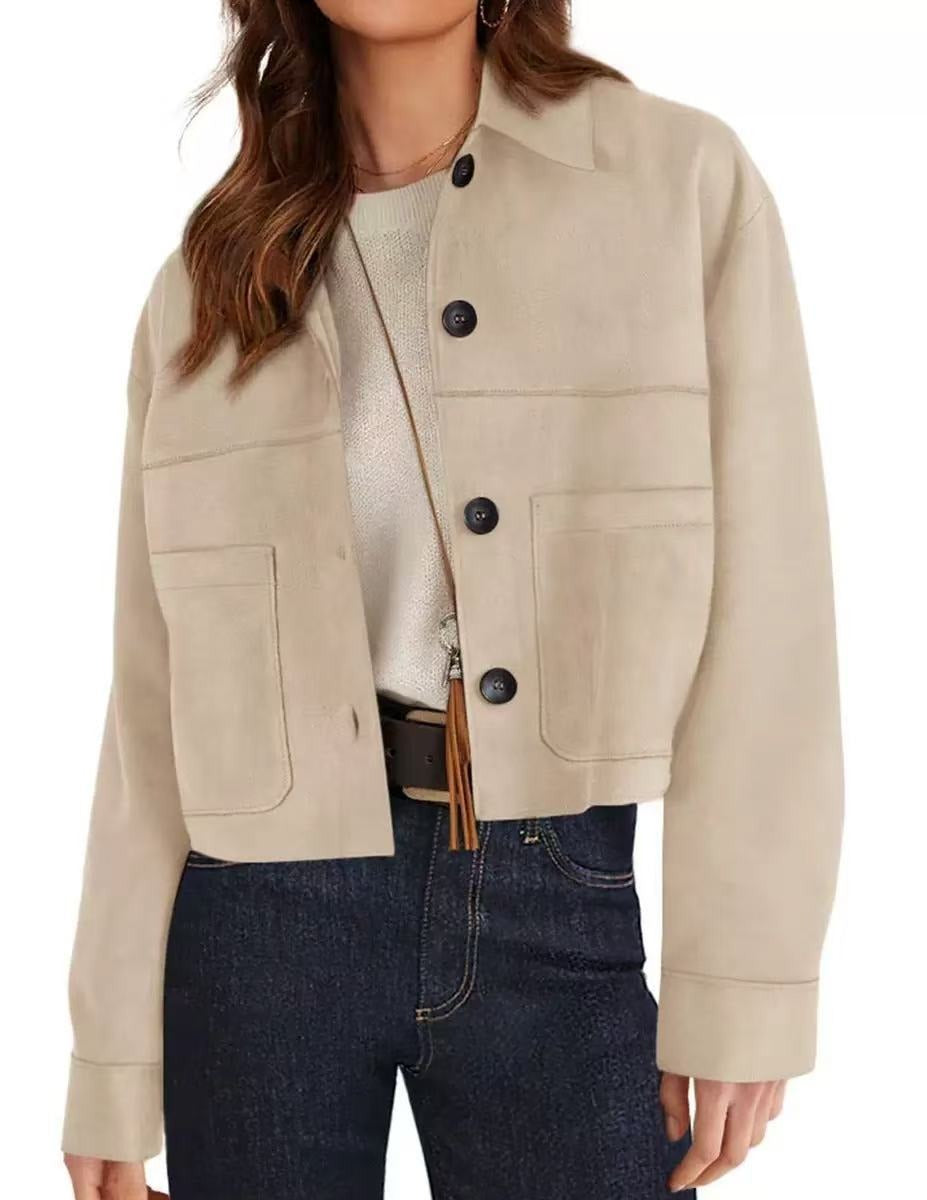 Womens Faux Suede Cropped Jacket, Lightweight Button Down Collared Shacket with Patch Pockets