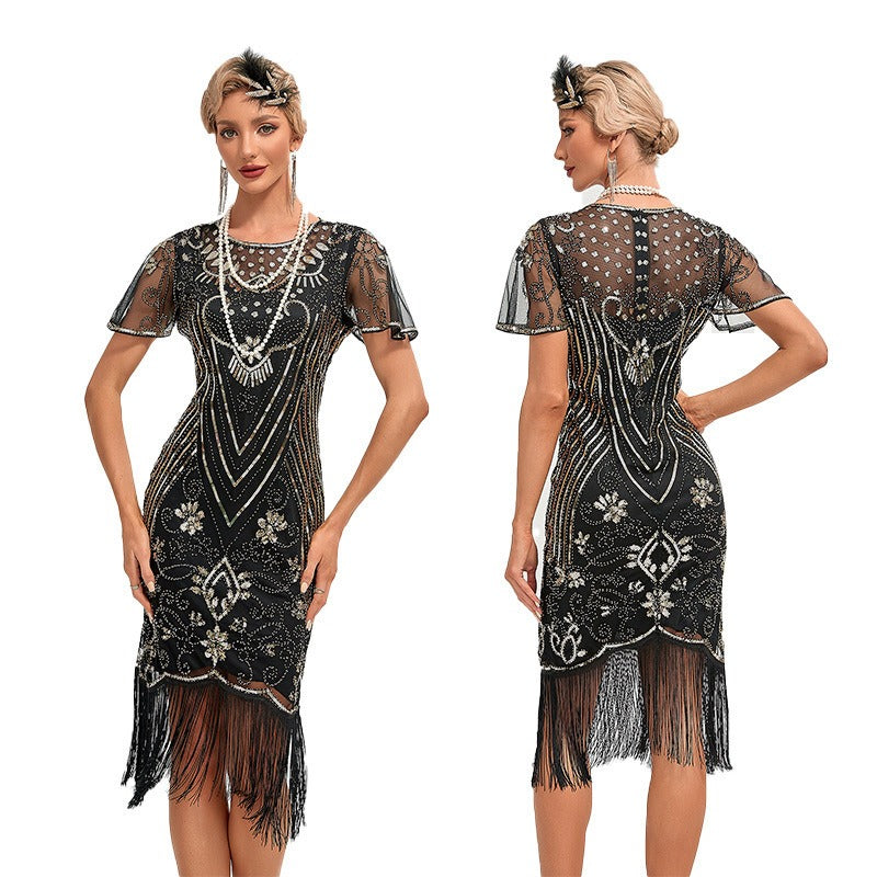 Womens Flapper Dress, 1920s Dress, Great Gatsby Lace Neck, Roaring 20s Costume with Sleeves