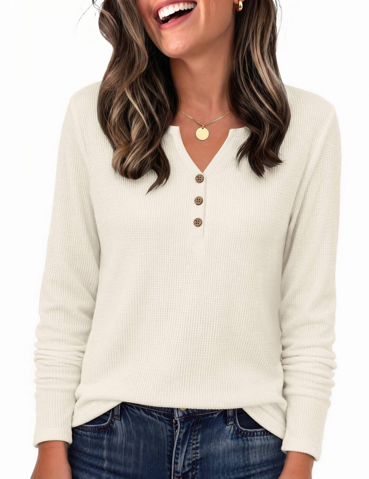 Women's Long Sleeve Waffle Knit Shirts, Dressy Casual Loose Button Up V Neck Tops, Fall Basic Tee Blouse