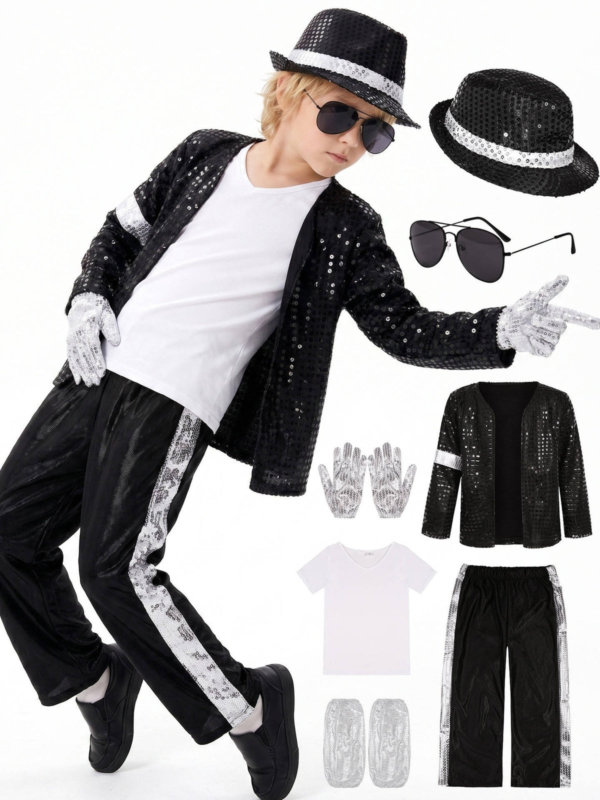 Kids Dance Star Costume for Boys, 80s 90s Pop Stage Halloween Outfit for Dance Parties and Costume Events