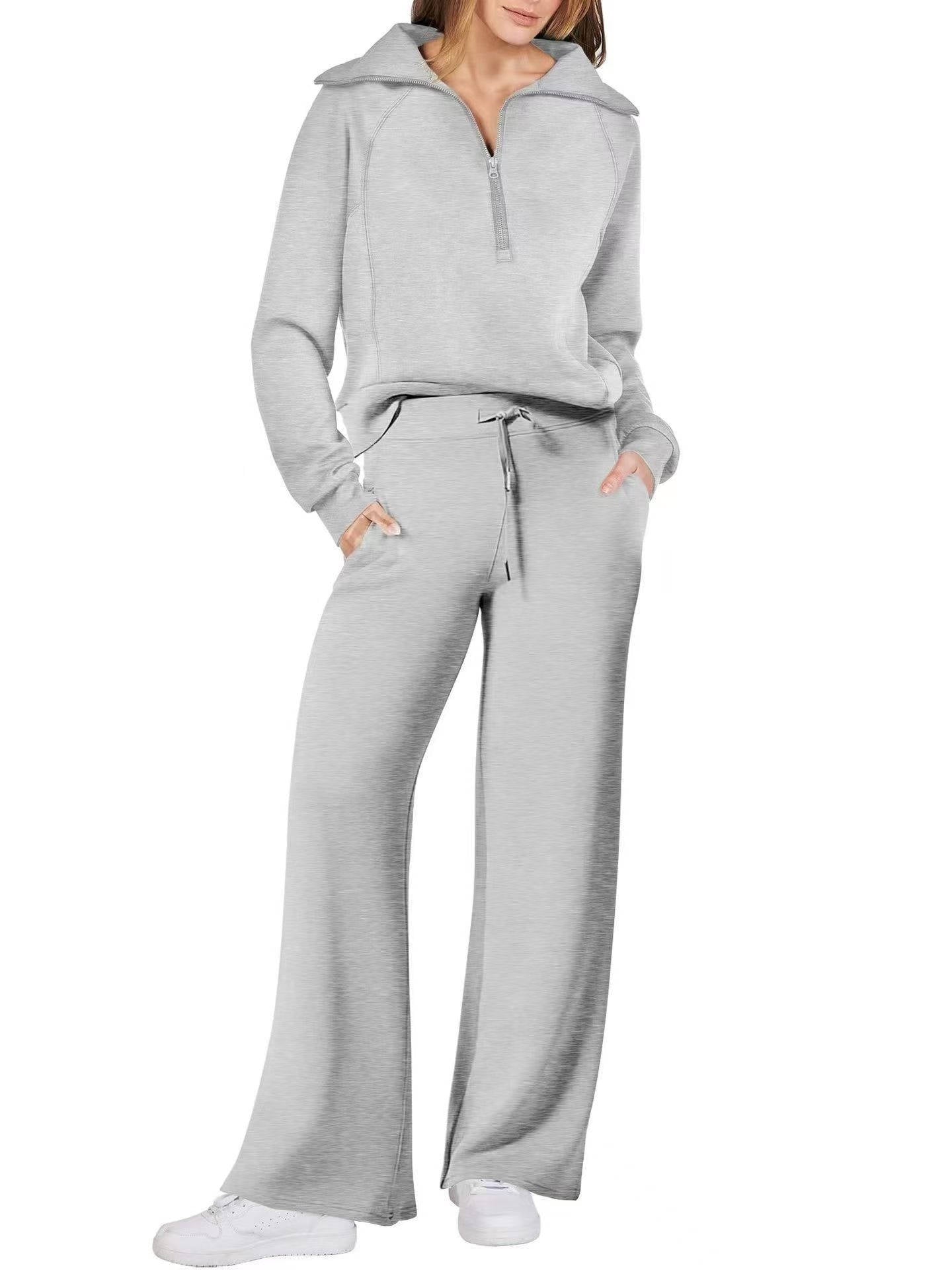 Women's 2 Piece Outfits, Casual Lapel Half Zip Sweatshirt and Wide Leg Pants Tracksuit Set